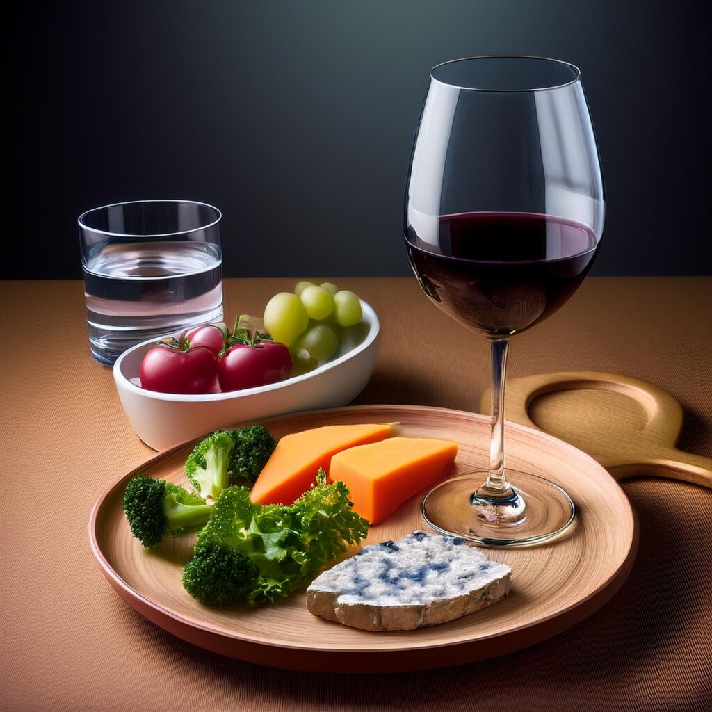 an image depicting a balanced scene with a glass of red wine, a plate of healthy food, and a glass of water, symbolizing moderation and responsible alcohol consumption.