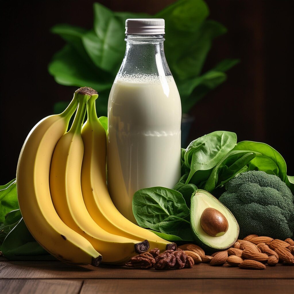 image depicting a variety of electrolyte-rich foods, such as bananas, spinach, and dairy products, alongside a bottle of water and a sports drink, emphasizing the importance of hydration and electrolyte balance.