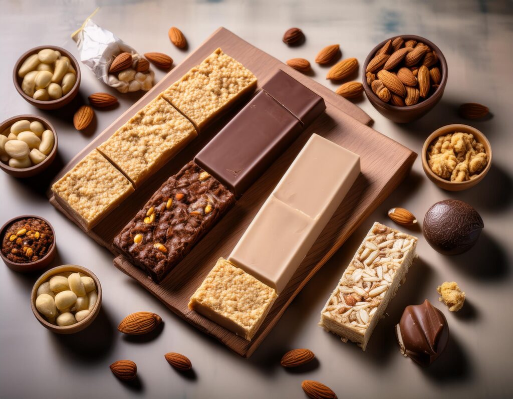 an image featuring a variety of protein bars, both whole and unwrapped