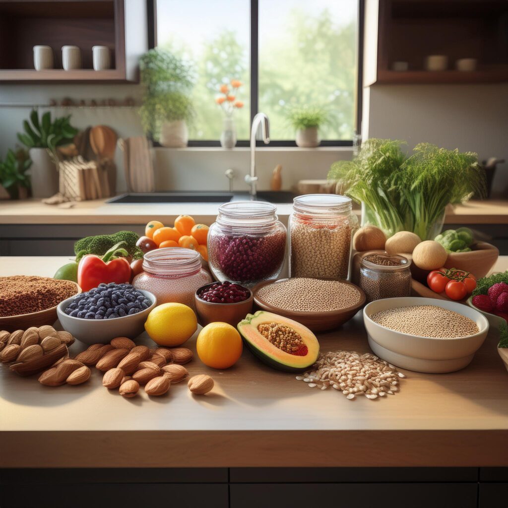 an image showcasing a variety of fiber-rich foods, including whole grains, fruits, vegetables, legumes, nuts, and seeds, arranged on a clean and modern kitchen countertop.