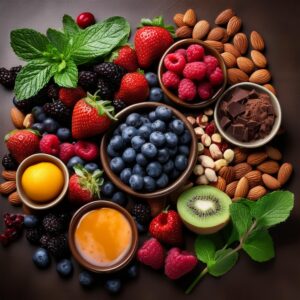 image showcasing a vibrant array of antioxidant-rich foods such as berries, nuts, leafy greens, and dark chocolate, arranged in a way that emphasizes their health benefits.