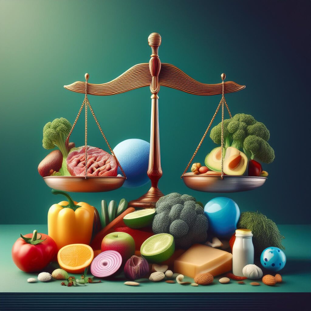 Create an image showing a balance scale with cortisol-related items like stress symbols, healthy food, and exercise equipment to illustrate the importance of balancing cortisol levels.