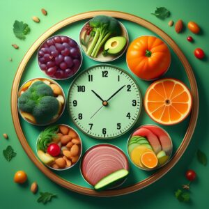 Create an image showing a clock with different fasting and eating windows, alongside healthy food options such as fruits, vegetables, and lean proteins.