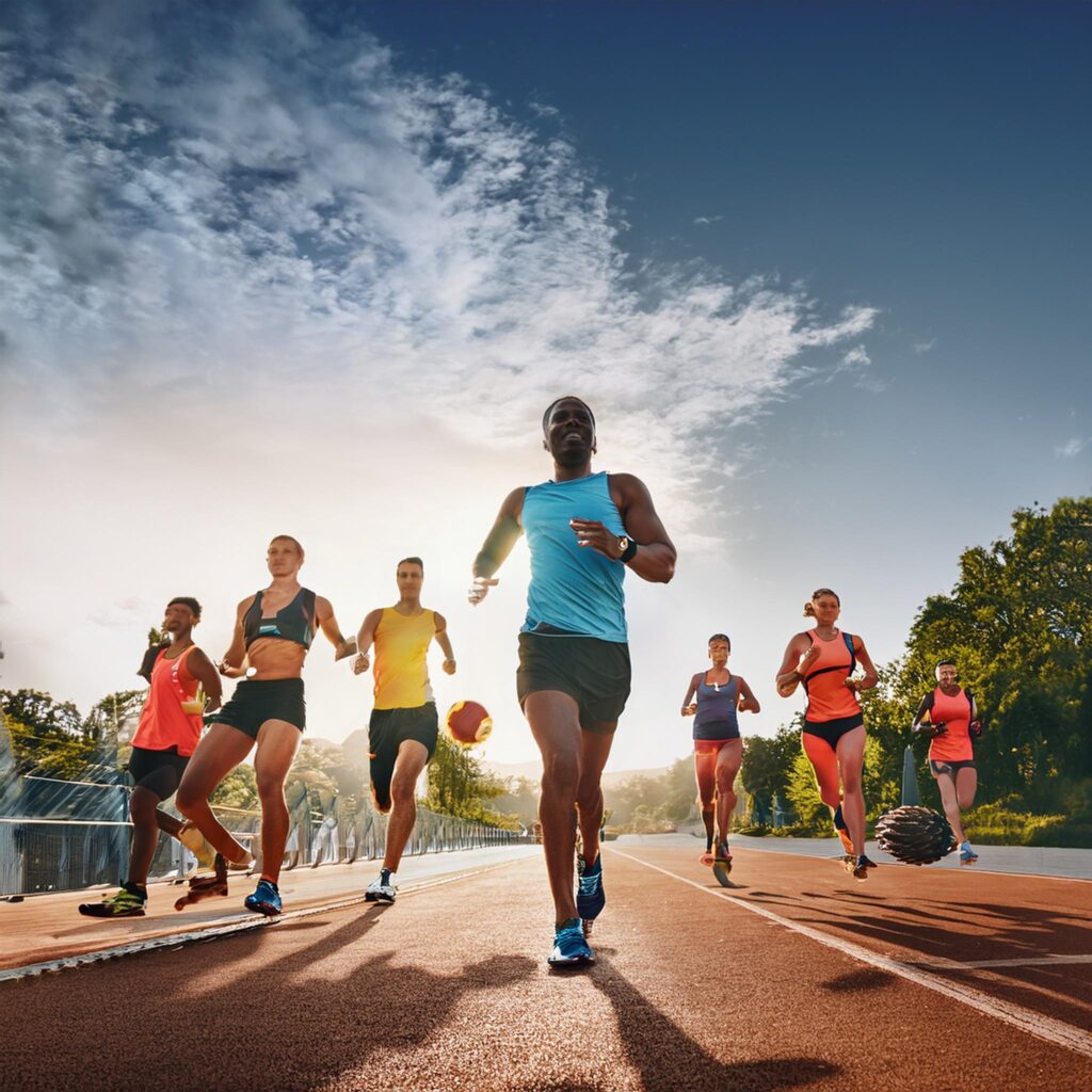 image showing a diverse group of runners in motion, with a focus on different aspects of running, such as proper form, nutrition (like water and fruits), and recovery tools (like foam rollers).