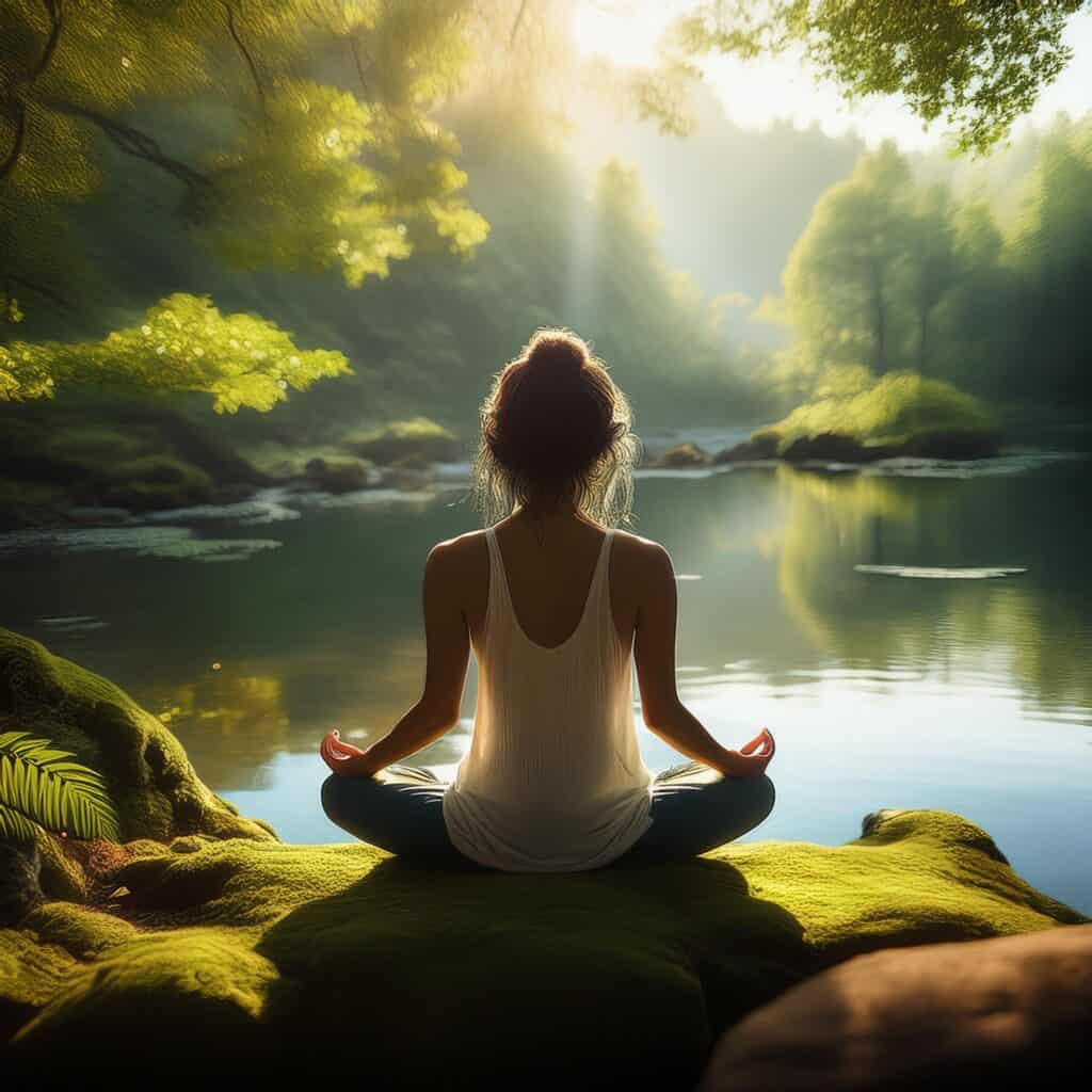 an image showing a serene environment with a person meditating in a quiet, natural setting. Include elements of nature, such as trees or a calm body of water, to emphasize tranquility and relaxation.