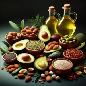 image showing a variety of healthy fat sources, such as avocados, nuts, seeds, and olive oil, arranged in an appealing way to highlight their nutritional benefits.