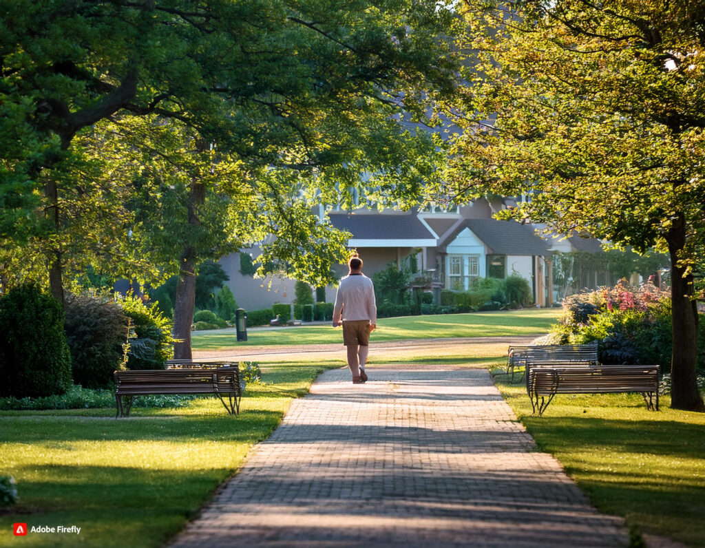 an image of a peaceful park or neighborhood with someone walking leisurely after a meal. The setting should convey relaxation, greenery, and the calm benefits of walking for health.