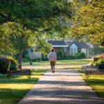 an image of a peaceful park or neighborhood with someone walking leisurely after a meal. The setting should convey relaxation, greenery, and the calm benefits of walking for health.