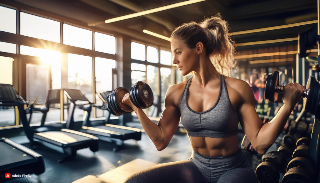 image of a person in a gym environment, lifting weights with proper form, while tracking progress on a fitness app. The background should highlight a well-equipped gym, focusing on determination and progress.