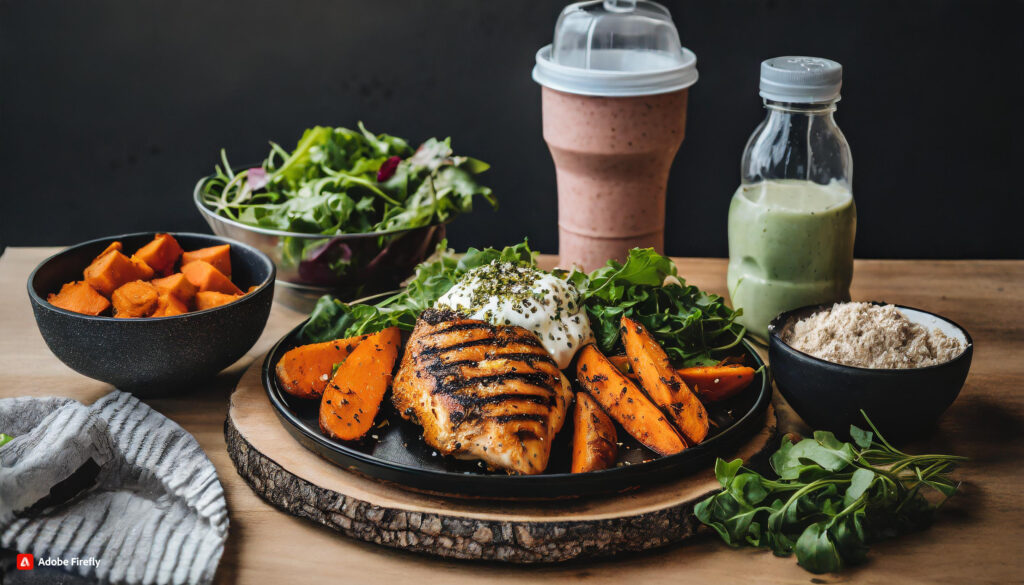 image of a well-balanced pre- and post-workout meal, featuring grilled chicken, sweet potatoes, a side of greens, and a protein shake. Highlight vibrant, nutritious food in a fitness-oriented setting.