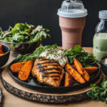 image of a well-balanced pre- and post-workout meal, featuring grilled chicken, sweet potatoes, a side of greens, and a protein shake. Highlight vibrant, nutritious food in a fitness-oriented setting.