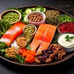 Create an image showcasing a colorful, balanced meal that includes sources of all five essential nutrients, such as salmon, leafy greens, nuts, yogurt, and legumes.