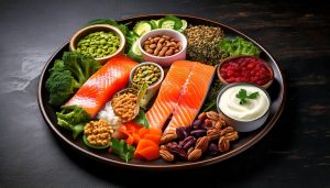 Create an image showcasing a colorful, balanced meal that includes sources of all five essential nutrients, such as salmon, leafy greens, nuts, yogurt, and legumes.