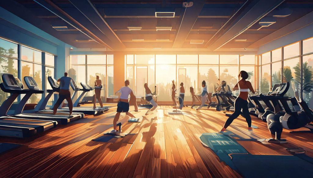 A vibrant gym scene showing people engaged in various fitness activities—running on treadmills, lifting weights, doing yoga, and stretching—highlighting the five main components of fitness (cardiovascular endurance, muscular strength, muscular endurance, flexibility, and body composition). The atmosphere should be energetic and focused, with diverse individuals of different fitness levels and body types working out.