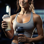 A close-up of a gym scene with a person holding a protein shake next to weights, showing both the shake and dumbbells. The background should feature a fitness setting with subtle lighting to highlight the importance of recovery.