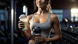 A close-up of a gym scene with a person holding a protein shake next to weights, showing both the shake and dumbbells. The background should feature a fitness setting with subtle lighting to highlight the importance of recovery.