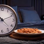 image featuring a cozy bedroom with a clock showing late-night hours, highlighting an empty plate or a light snack like almonds, visually representing the idea of mindful eating before bed.