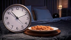 image featuring a cozy bedroom with a clock showing late-night hours, highlighting an empty plate or a light snack like almonds, visually representing the idea of mindful eating before bed.