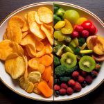 an image of a split plate, with one half showing processed foods like chips and sugary snacks, and the other half showing whole foods like fruits and vegetables, emphasizing the difference between healthy and unhealthy food choices.