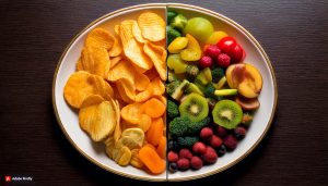 an image of a split plate, with one half showing processed foods like chips and sugary snacks, and the other half showing whole foods like fruits and vegetables, emphasizing the difference between healthy and unhealthy food choices.